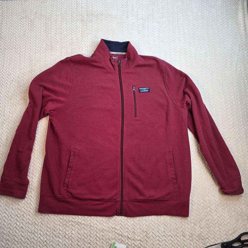 LL Bean Mens Full Zip Sweater Fleece Jacket Burgundy Mock Neck Large Regular